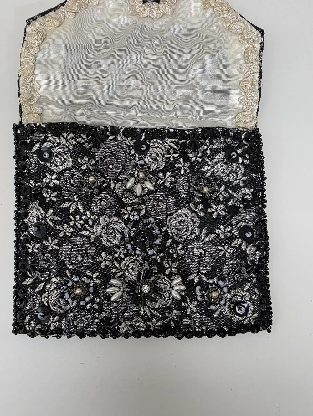 Vintage Black Silver Floral Beaded Sequin Clutch Snap Closure Lined Interior